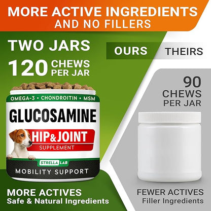 Glucosamine for Large Dogs - Joint Supplement Large Breed w/ Omega-3 Fish Oil - Chondroitin, MSM - Advanced Mobility Chews - Joint Pain Relief - Hip & Joint Care - Chicken Flavor - 240Ct - Made in USA