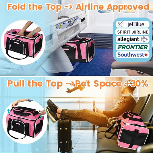 Petskd Top-Expandable Pet Carrier 17x12x8.5 Inches JetBlue Allegiant Spirit Airline Approved, Soft-Sided Carrier for Small Cats and Dogs with Locking Safety Zippers and Anti-Scratch Mesh(Pink)