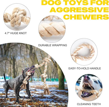 Fida Dog Rope Toys for Aggressive Chewers,Large Dog Toy Designed for Tug of War, Tough Dog Rope Toy Indestructible Made of Undyed Natural Cotton, 29" Large Dog Toys with 3 Big Knots and a Handle