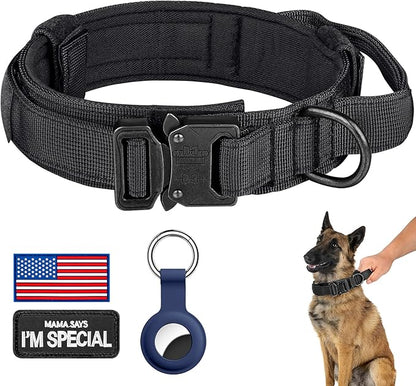 DAGANXI Tactical Dog Collar, Adjustable Military Training Nylon Dog Collar with Control Handle and Heavy Metal Buckle for Medium and Large Dogs, with Patches and Airtags Case (XL, Black)