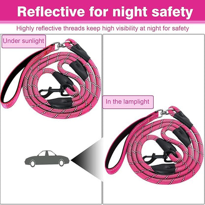 Dog Leash, 6 Foot Dog Leash, 2 Extra Padded Handles, Lockable Metal Carabiner Clip, Reflective No Pull Heavy Duty Rope Lead, Walking, Training, Running, Medium to Large Breeds（Pink）