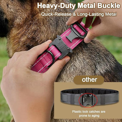 KCUCOP Tactical Dog Collar for Medium & Large Dogs - Military Nylon Heavy Duty Collar with Handle, Reflective Strip & Metal Buckle for Training (Pink Reflective, XL)