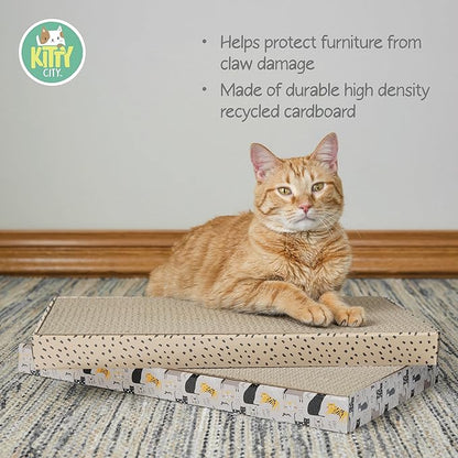 Kitty City Cat Scratcher– 2-Pack Durable Corrugated Cardboard Scratch Pads with Catnip – Double-Sided for Longer Use, Cat Claw Maintenance & Furniture Protection - Size: 10" x 18" - Cat Print