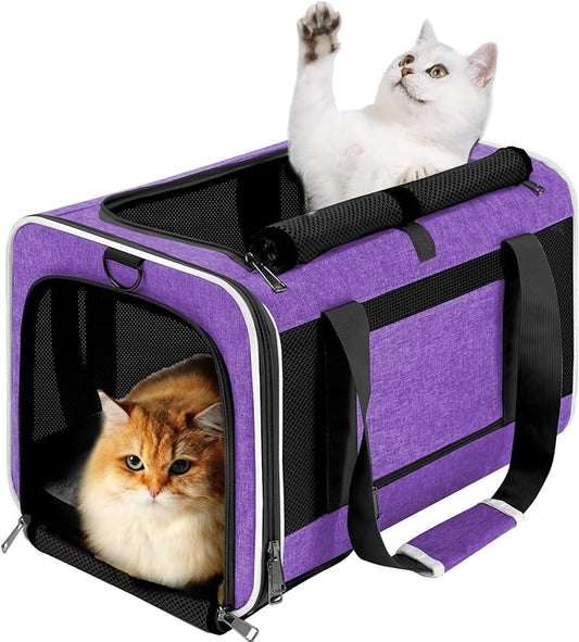 GAPZER Pet Carrier for Large Cat 20 lbs+ / Soft Sided Small Dog 12 Pounds Travel Crate Top Load/Collapsible Kitty Carry Bag Big Kitten Mesh/Sturdy Animal Transport cage Kennel Long Trips Purple