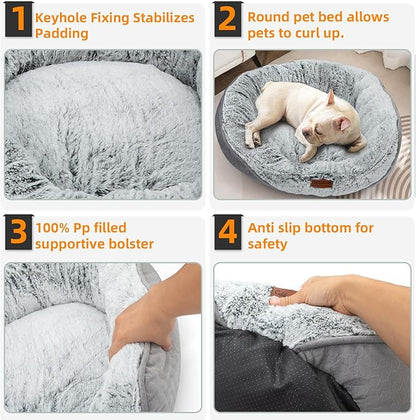 Calibonbon Luxury Calming Pet Bed for Cats & Small Dogs, All-in-One Machine Washable Long Fur Plush with Bolster, Non-Slip Waterproof Bottom & Orthopedic Support for Warmth, 20x19 Inch, Light Grey