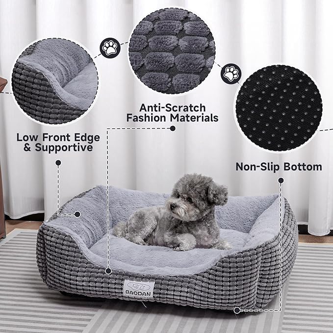 Baodan Small Dog & Cat Bed - Extra Soft, Washable, Non-Skid, Calming for Puppy & Kitten, Grey, 20 inches