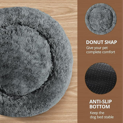JOLLYVOGUE Calming Dog Bed Large Size Dog, Anti-Anxiety Donut Large Pet Bed, 36 inches Fluffy Faux Fur Round Cat Bed, Fits up to 75 lbs Pets (Navy Grey)