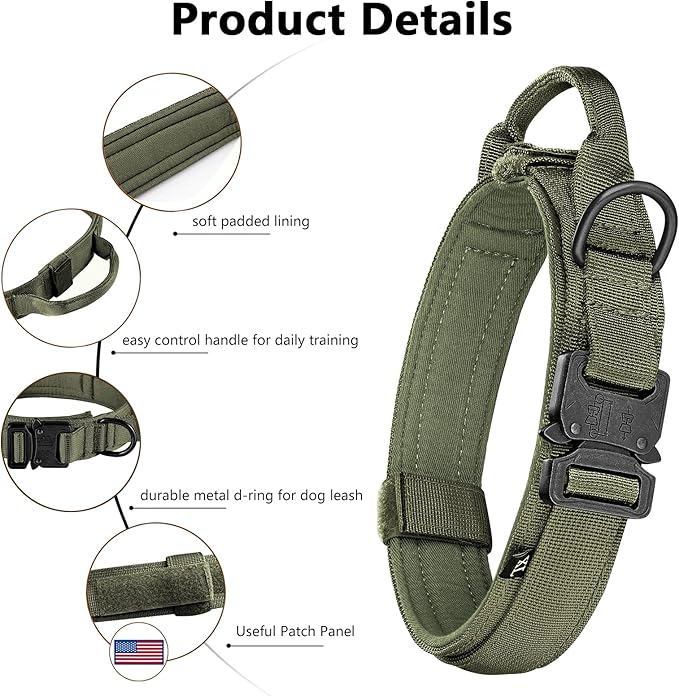 DAGANXI Tactical Dog Collar, Adjustable Military Training Nylon Dog Collar with Control Handle and Heavy Metal Buckle for Medium and Large Dogs, with Patches and Airtags Case (XL, Green-Set)
