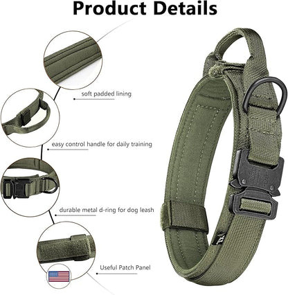 DAGANXI Tactical Dog Collar, Adjustable Military Training Nylon Dog Collar with Control Handle and Heavy Metal Buckle for Medium and Large Dogs, with Patches and Airtags Case (L, Green-Set)