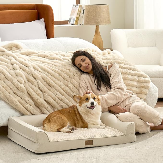 COZY KISS Orthopedic Large Dog Beds, Bolster Pet Couch with Waterproof Lining, Egg Crate Foam Sofa for Pets Up to 65 lbs, U-Shaped, 36x27x6.5 inch, Beige