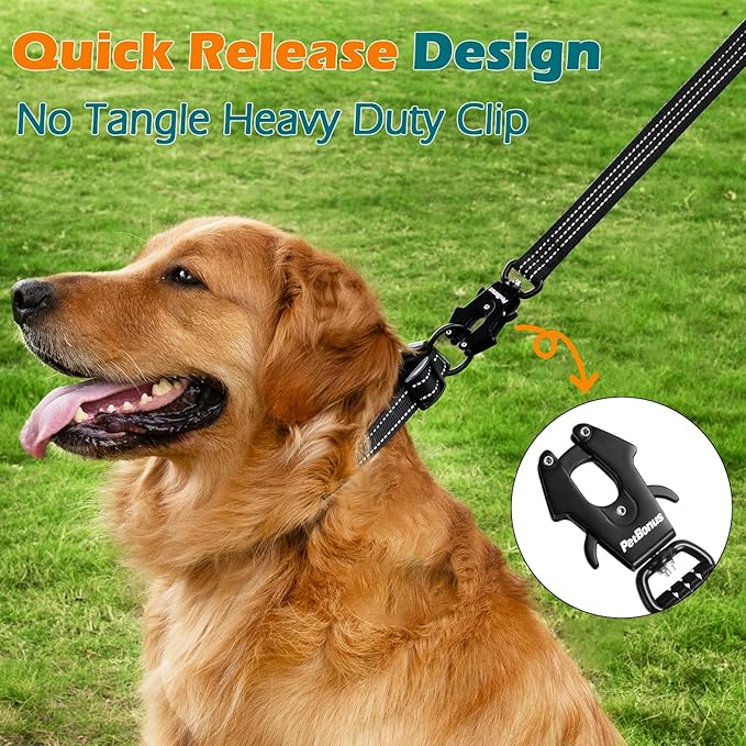 PetBonus Heavy Duty Short Dog Leash, 18 Inch Nylon Traffic Leash with Quick Release Clip, Comfortable Padded Handle, Reflective Training Lead for Medium Large Dogs (Black, 18")