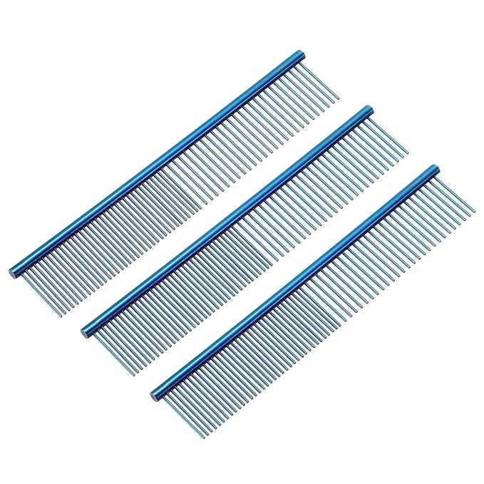 PETAXCELL Dog Cat Comb, Pet Combs Stainless Steel Teeth with Rounded Ends for Knots Mats Loose Hair Removal, 7.5IN (Blue Plated, 3 Pack), Grooming Tool Intended for Long Curly Hair Pet
