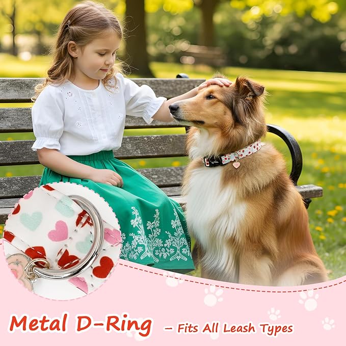 Valentines Dog Collar with Multi-Heart Pattern, Adjustable Large Dog Collar with Safety Buckle & Heart Charm, Spring Summer for Girl Boy Dogs-L