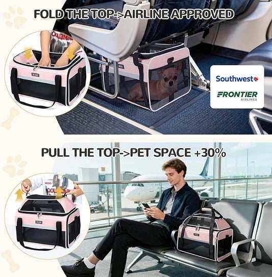 Lekereise Top-Expandable Pet Carrier 18x13x9.5 Inch Southwest Frontier Airline Approved Soft Sided Underseat to 15lbs Travel Carriers for Small Cats Dogs with Locking Safety Zippers Anti-Scratch Mesh