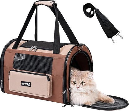PAPZER Collapsible Small Pet Carrier for Cat 15 lbs with Fashion Pocket, Lightweight Sturdy Travel Carry Bag Little Puppy Dog, Breathable Stylish Kitten Soft Cage Kennel, 17.7x11.0x11.8 Inch Khaki