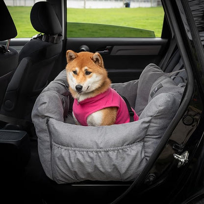 JACKO & CO Premium Medium Dog Car Seat – Safe & Cozy Travel Bed for Small & Med Dogs, Puppies, Pets under 40lbs, Clip-On Leash, Side Pockets, Water-Resistant, Machine Washable (Black Medium (25-40lbs)