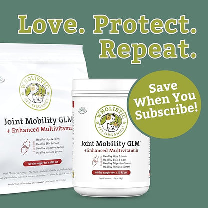 Wholistic Pet Organics - Hip and Joint Supplement for Dogs & Cats - Cat & Dog Joint Supplement - Green Lipped Mussels, Glucosamine, Chondroitin for Dogs & Cat Mobility Support - 1 Lb - 45 Scoops