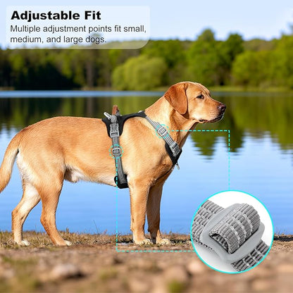 ApakBak No Pull Dog Harness – Adjustable Reflective Nylon Vest for Small Medium Large Dogs, Escape Proof Training Harness with Leather Control Handle, Lightweight Aluminum Hardware (Black, XL)