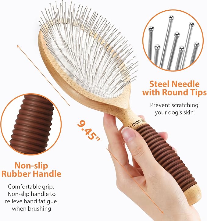 GROOMAGE Dog Brush for Long Haired Dogs, 27mm Extra Long Pin Brush for Grooming, Shedding - Beech Wood Material, Non-Slip Rubber Handle, Round-Tipped Pins