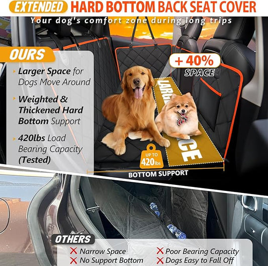 ROUWINNE Back Seat Extender for Dogs - Holds 420lb, Hard Bottom Dog Bed Back Seat Cover, Pet Car Seat Cover Backseat Extender,Upgraded Material Waterproof Dog Hammock for Car，SUV, Truck, Black/Orange