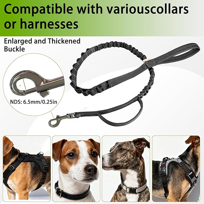 FOVRLZSE Reflective Heavy Duty Bungee Dog Leash - 4FT to 5FT Adjustable Shock Absorbing Leash with Double Padded Handle & 360° No Tangle Metal Clasp for Small Medium Large Dogs (Black)