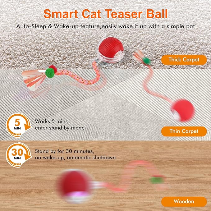 JUBBPDX Interactive Cat Toys for Indoor Cats, Automatic Kitten Toys for Bored Indoor Adult Cats, Smart Kitten Rolling Ball Moving Balls Toy, Rechargeable Dog Cat Ball for Enrichment Exercise (Red)