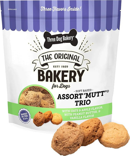 Three Dog Bakery Assort Mutt Trio, 48oz – Delicious Dog Treats with Oats, Apple, Peanut Butter & Vanilla, Premium Dog Training Treats, Puppy Treats