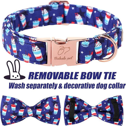 4th of July Dog Collar with Bow Tie - American Flag Day Patriotic Dog Collars Blue Star Sundae Summer Bowtie Collar for Small Medium Large Dogs S