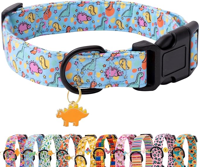 Faygarsle Dog Collar for Small Medium Large Dogs Cute Blue Puppy Collars for Male Dogs Dinosaur Patterned Pet Collars for Summer Spring Wedding Puppy Necklace Boy Dog Collar L