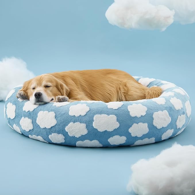 LE SURE Shown on TV Donut Dog Beds Extra Large Sized Dog - Round Pet Beds for Calming Puppy with Washable Cover, Orthopedic Modern Beds with Jacquard Shaggy Plush & Anti Slip Bottom, 42 Inch，Blue
