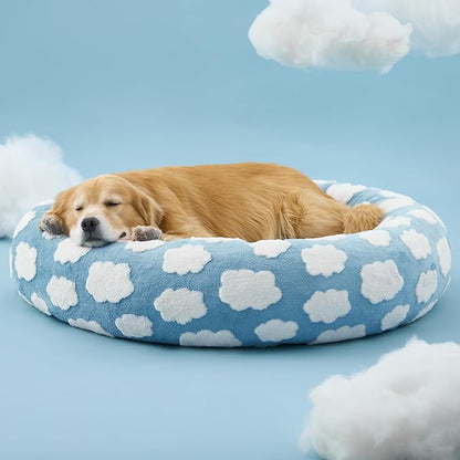LE SURE Shown on TV Donut Dog Beds Extra Large Sized Dog - Round Pet Beds for Calming Puppy with Washable Cover, Orthopedic Modern Beds with Jacquard Shaggy Plush & Anti Slip Bottom, 42 Inch，Blue