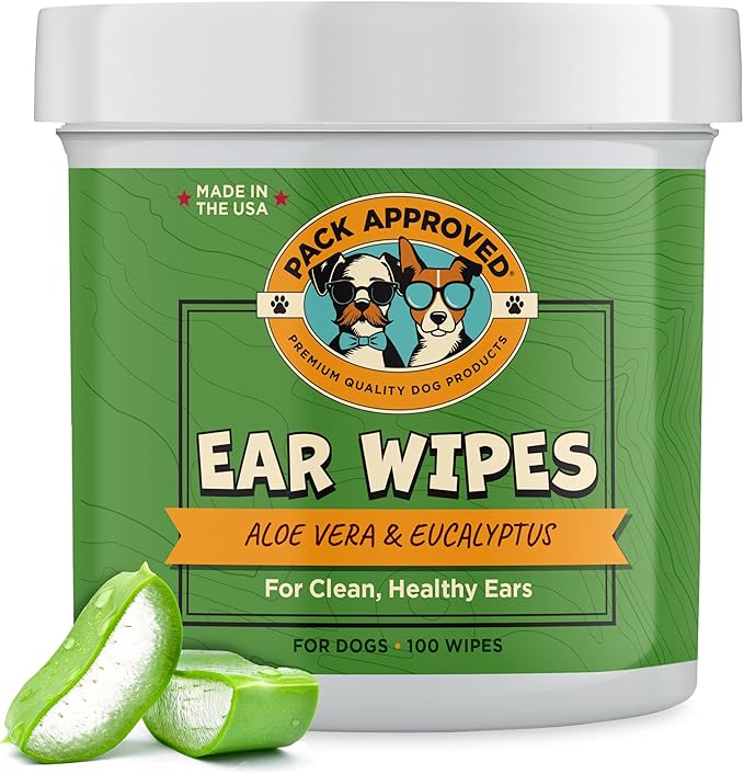 Pack Approved Ear Wipes for Dogs with Aloe Vera & Eucalyptus - Gentle Ear Cleaner for Dogs to Help Remove Wax and Odor - Convenient and Mess-Free Cleaning Pads for Dirty, Itchy Ears - 100 Wipes