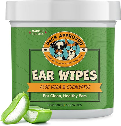Pack Approved Ear Wipes for Dogs with Aloe Vera & Eucalyptus - Gentle Ear Cleaner for Dogs to Help Remove Wax and Odor - Convenient and Mess-Free Cleaning Pads for Dirty, Itchy Ears - 100 Wipes