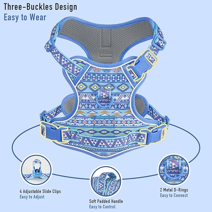 No Pull Dog Harness for Small Dog Breeds, Anti-Escape Easy Walking Reflective Adjustable Lightweight Dog Vest with Breathable Oxford Material, Easy on Easy Off with Neck Buckle,Blue Ethnic XS