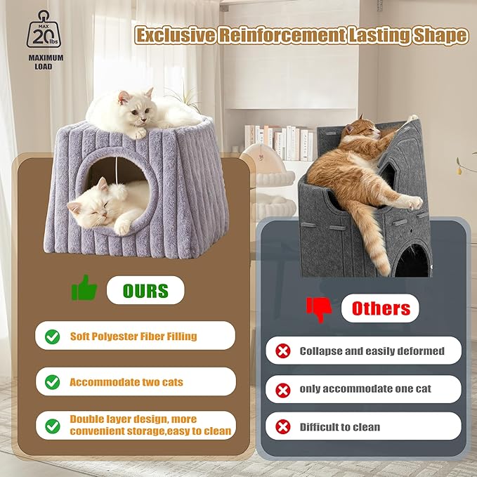 Indoor Cat House - Large Cat Bed Cave with Fluffy Balls and Scratch Pads, Foldable House and Apartment with Pads, Suitable for Multiple Cats (Grey, Large)