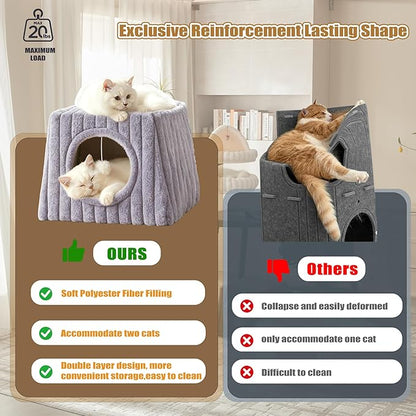 Indoor Cat House - Large Cat Bed Cave with Fluffy Balls and Scratch Pads, Foldable House and Apartment with Pads, Suitable for Multiple Cats (Grey, Large)