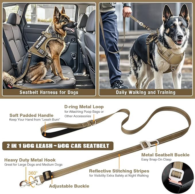 MOOGROU Tactical Dog Harness and Leash Set for Large Dogs,Heavy Duty No Pull Service Dog Vest and 10 Patches with Dog Seat Belt,Reflective Adjustable Pet Harness for Training Walking Hiking Brown XL