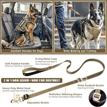 MOOGROU Tactical Dog Harness and Leash Set for Large Dogs,Heavy Duty No Pull Service Dog Vest and 10 Patches with Dog Seat Belt,Reflective Adjustable Pet Harness for Training Walking Hiking Brown XL