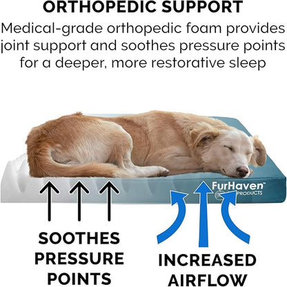 Furhaven Water-Resistant Orthopedic Dog Bed for Large/Medium Dogs w/ Removable Washable Cover, For Dogs Up to 55 lbs - Indoor/Outdoor Logo Print Oxford Polycanvas Mattress - Deep Lagoon, Large