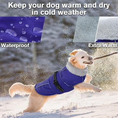 Lelepet Warm Dog Winter Coat Waterproof Dog Jacket with Adjustable Buckle & Leash Hole Reflective Pet Fleece Snowsuit Turtleneck Windproof Cold Weather Coats, Blue, XL
