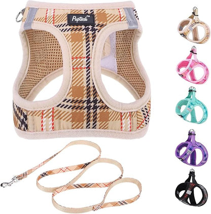 PUPTECK Dog Harness and Leash Set for Small Medium Dogs No Pull Step-in Soft Mesh Puppy Cat Vest Harnesses Reflective at Night, Plaid Pattern Beige M