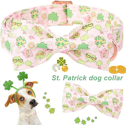ARING PET St Patrick's Dog Collar with Bow, Cute Pink Shamrock Clovers Pets Detachable Bow Tie Collars for Puppy Small Medium Large Girl Boy Dogs-L