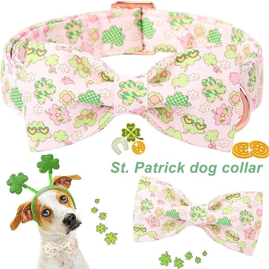 ARING PET St Patrick's Dog Collar with Bow, Cute Pink Shamrock Clovers Pets Detachable Bow Tie Collars for Puppy Small Medium Large Girl Boy Dogs-L