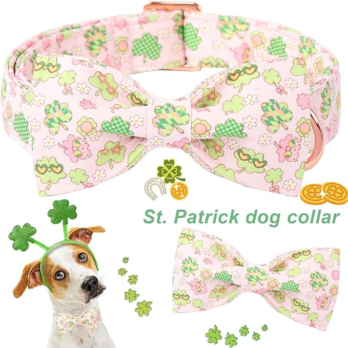 ARING PET St Patrick's Dog Collar with Bow, Cute Pink Shamrock Clovers Pets Detachable Bow Tie Collars for Puppy Small Medium Large Girl Boy Dogs-XS
