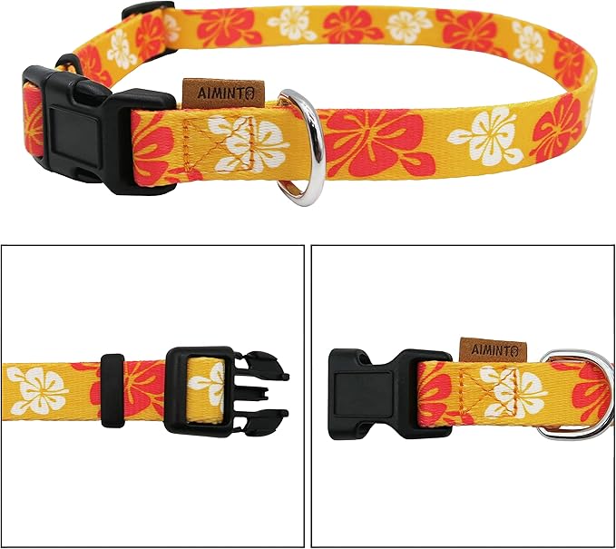 Dog Collar, Cute Floral Pattern, Soft and Adjustable Collar with Quick Release Buckle (XS (Neck 9-13", Width 3/8"), Hawaiian Orange)