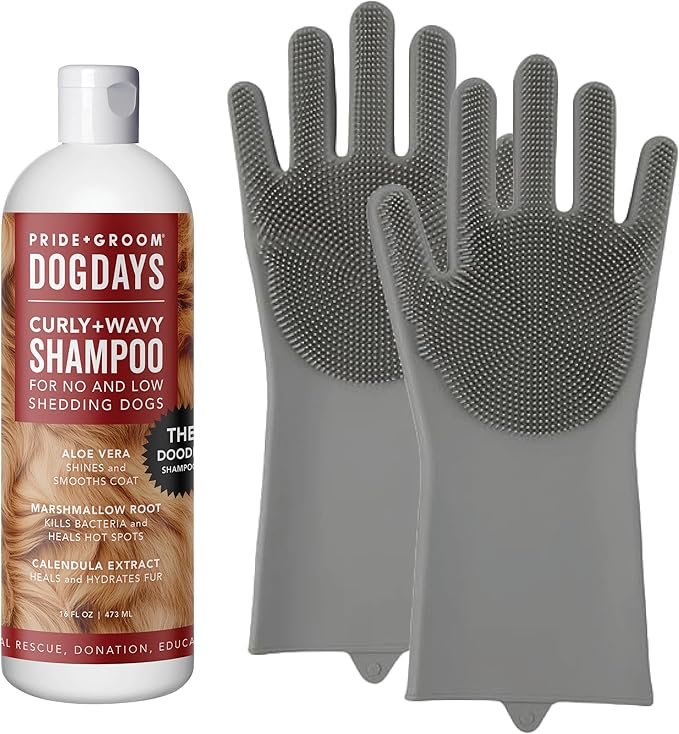 Pride and Groom DogDays Curly + Wavy The Scrub Kit - Natural Dog Shampoo with Silicone Scrubber Gloves for Low or No-Shedding Breeds with Coat Massage, Clean Ingredients, and Gentle Pet Grooming Care