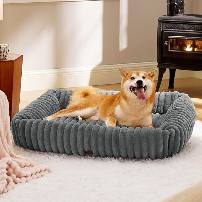 Bedsure ComfyFleece Washable Dog Bed for Medium Dogs - Cute Furry Puppy Beds, Rectangle Orthopedic Corduroy Fleece Pet Beds with Removable Zipper Cover, 30x24x8inches, Warm Grey