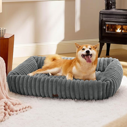 Bedsure ComfyFleece Washable Dog Bed for Medium Dogs - Cute Furry Puppy Beds, Rectangle Orthopedic Corduroy Fleece Pet Beds with Removable Zipper Cover, 30x24x8inches, Warm Grey