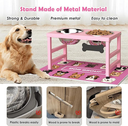 Elevated Dog Bowls, 10" Tall Height, ADENGL Raised Bowl Stand with 2 Stainless Steel Food Feeder Bowls (60oz) and Spill-Proof Mat for Medium Large ＆ Small Breeds, Pink