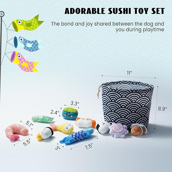 Nocciola 10 PCS Sushi Small Dog Toys to Keep Them Busy, Cute Stuffed Puppy Toys with Bag, Plush Dog Squeaky Toy for Small to Medium Dog Christmas Stocking Stuffers